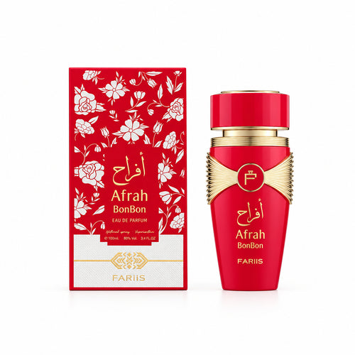Red Afrah BonBon red perfume bottle and packaging with floral design. Charlier Luxury Perfumes
